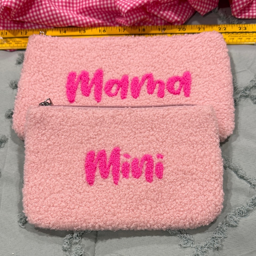 Pink Fuzzy 'Mama' and 'Mini' Pouch Set